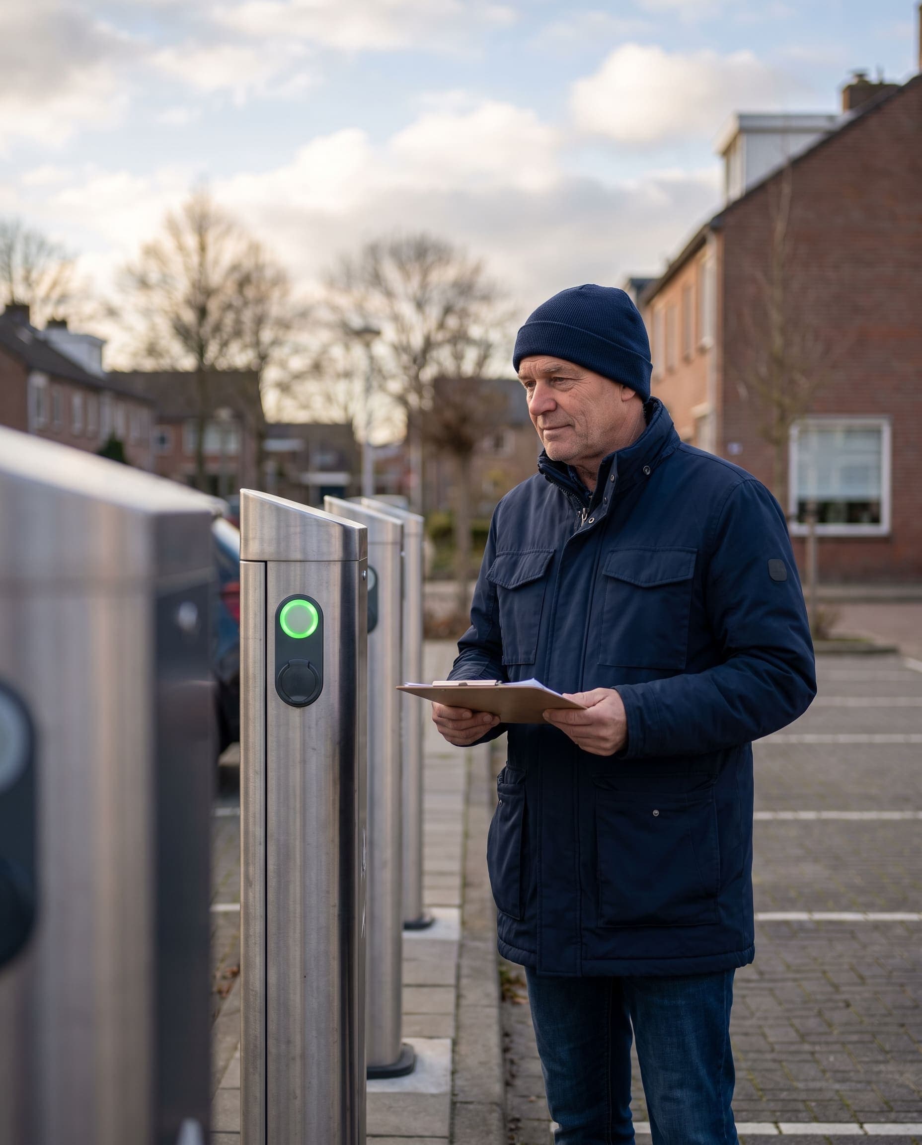 Beheerder bekijkt de laadinfrastructuur met een klembord