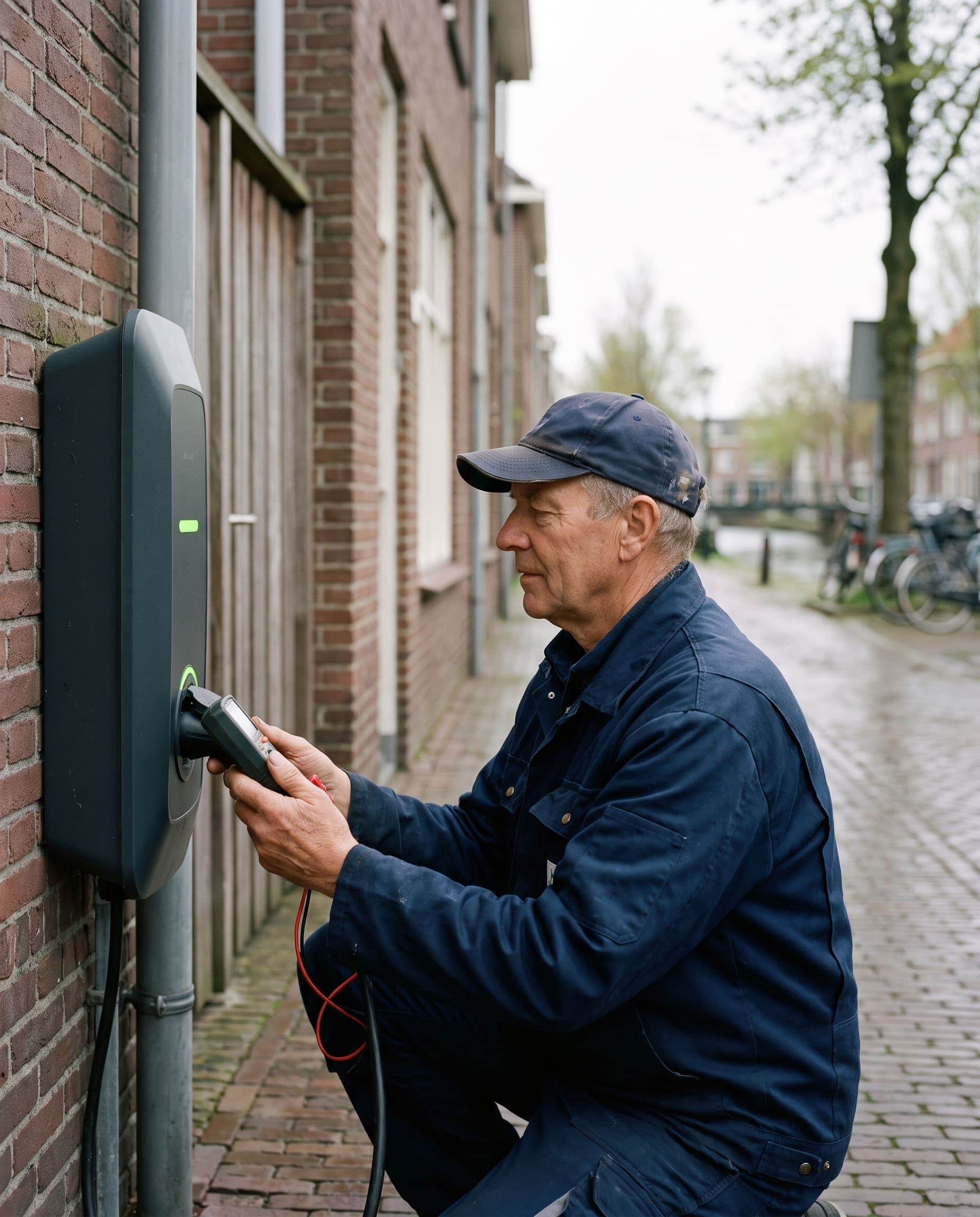 Monteur controleert een wandlaadpunt met een meetinstrument